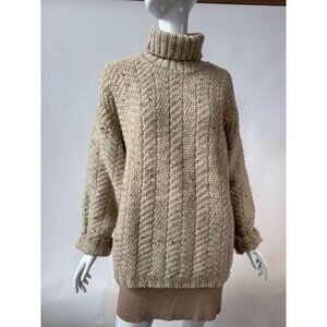 Vintage 80s Beige Chunky Knit Wool Turtleneck Sweater Textured Ribbed Long Sleev